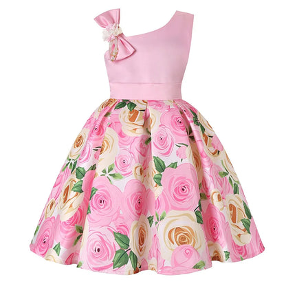 Soft girls' dress - one-shoulder knee-length floral, polyester, for party or wedding