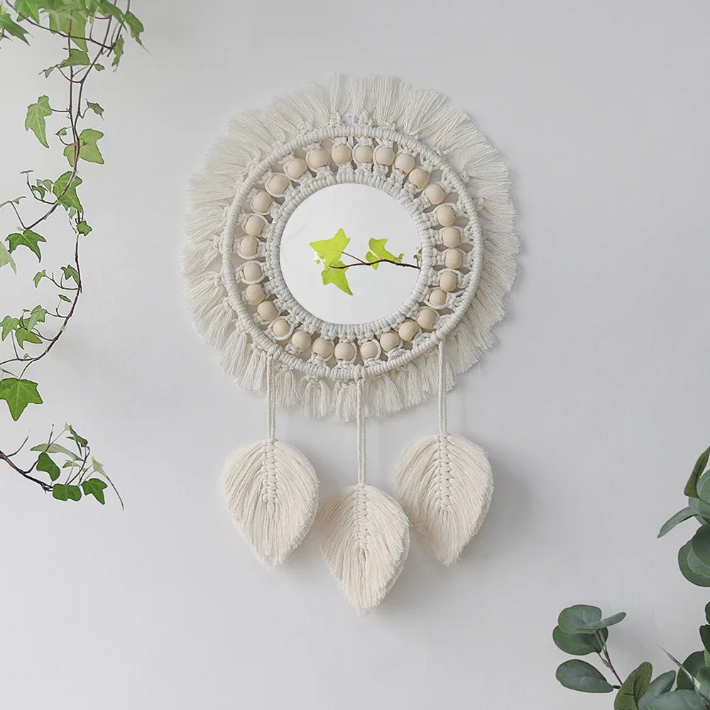 Set di Specchi Macramè con Frangia in Cotone Specchi da Parete Boho Appendibili Autunno 2025 Decorazione Accogliente per Cameretta Regalo per la Casa