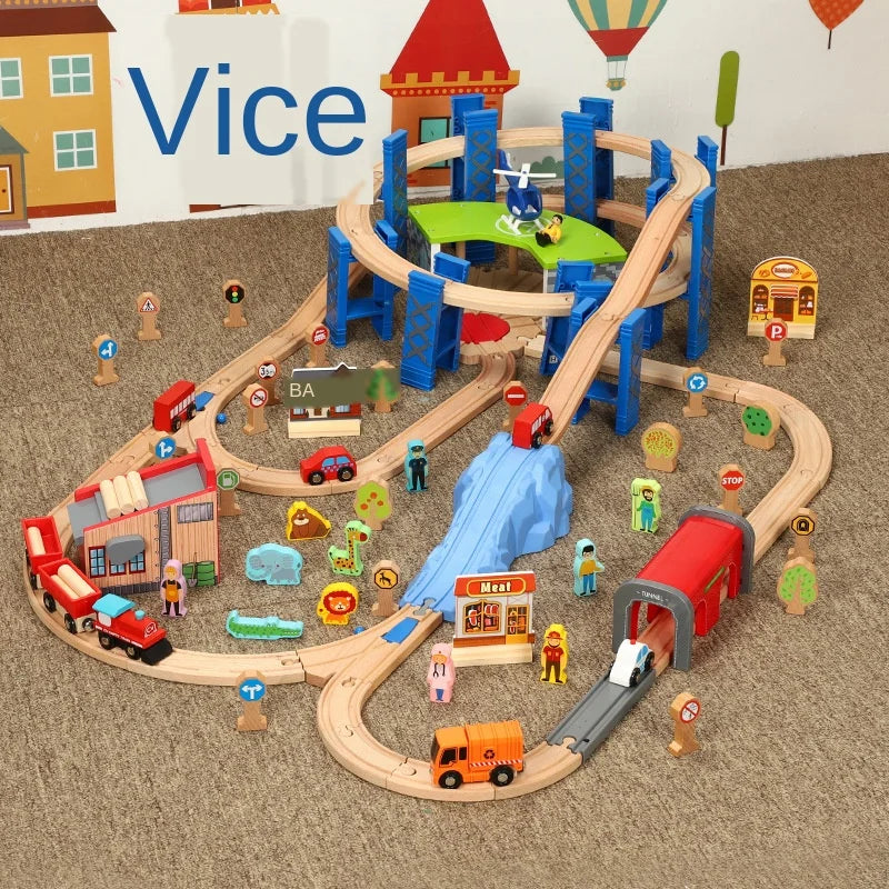 Wooden Train Set with Circular Bridge - Vibrant Green Garage Track for Kids, Compatible with Electric Cars