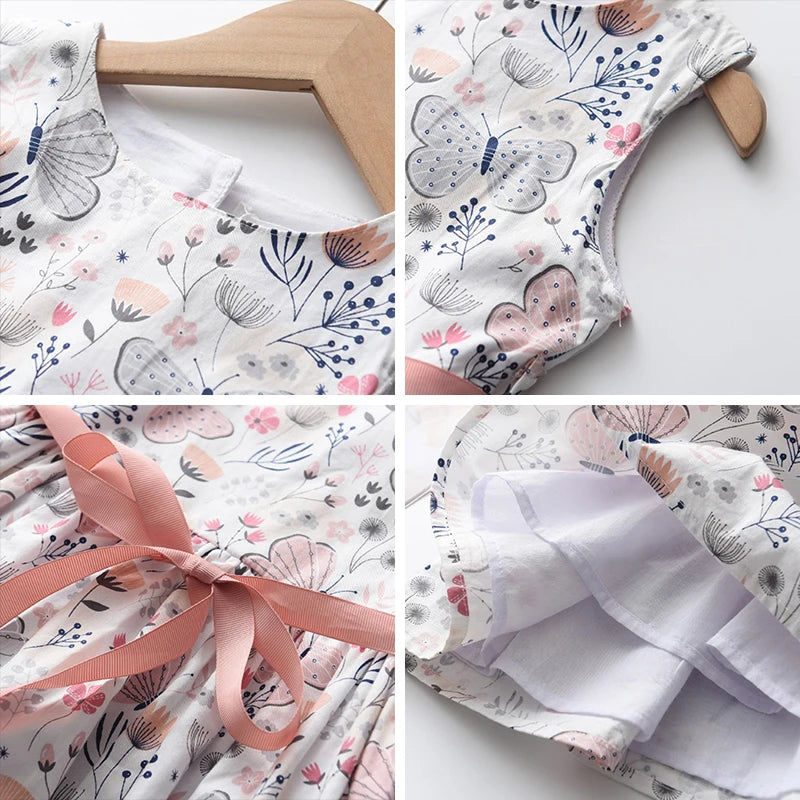 Leichtes und schmeichelhaftes Mädchenkleid – Floraler Schmetterlingsdruck, knielang, ärmellos, Taillengürtel, Freizeitkleidung
