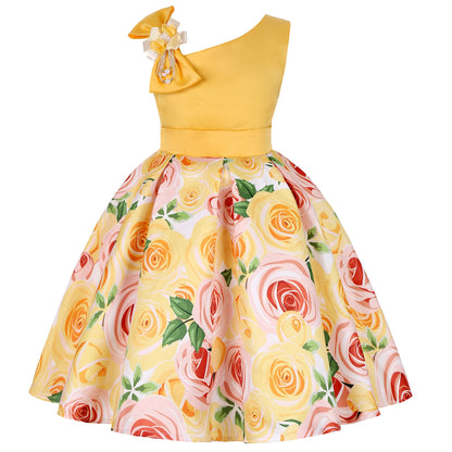 Soft girls' dress - one-shoulder knee-length floral, polyester, for party or wedding