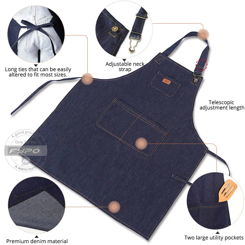 Denim Apron Adjustable Neck Bib Apron Durable Barista Kitchen Apron Fall 2025 Hygienic Workwear With Pockets