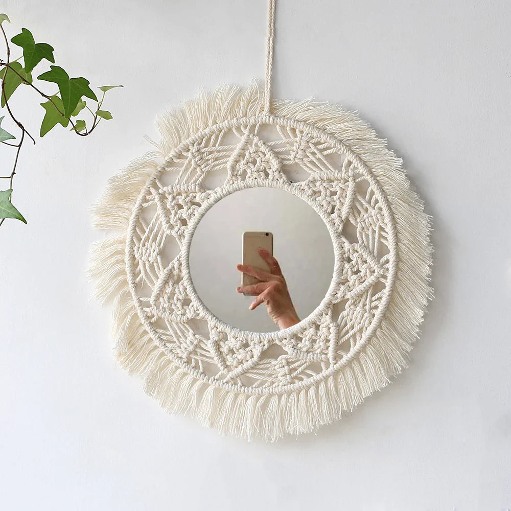 Set di Specchi Macramè con Frangia in Cotone Specchi da Parete Boho Appendibili Autunno 2025 Decorazione Accogliente per Cameretta Regalo per la Casa
