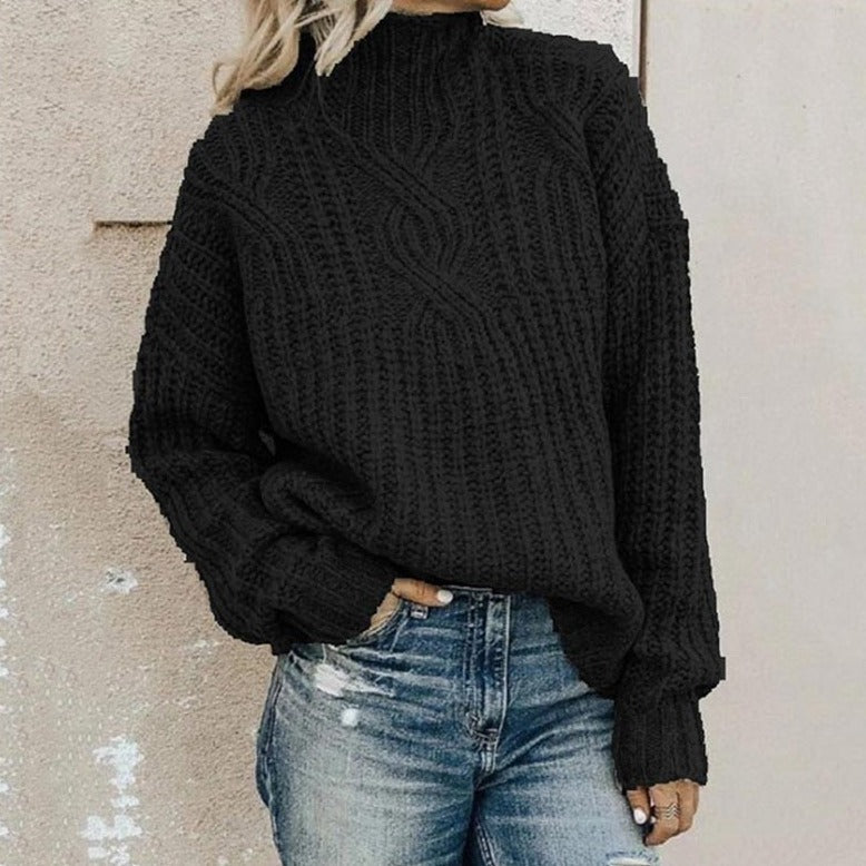 Varm dame-rullekravesweater - Oversized kabelstrik
