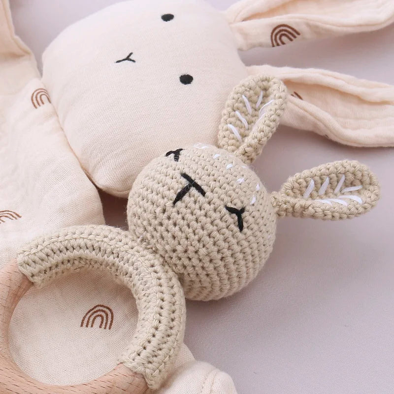 Teething Toy Wooden Ring Rattle Set With Cotton Gauze Mobile Gym Newborn Gift Fall 2025 Soothing