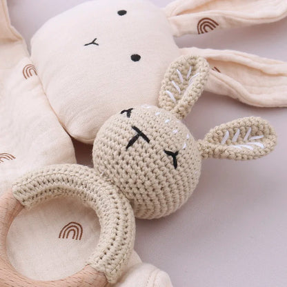 Teething Toy Wooden Ring Rattle Set With Cotton Gauze Mobile Gym Newborn Gift Fall 2025 Soothing