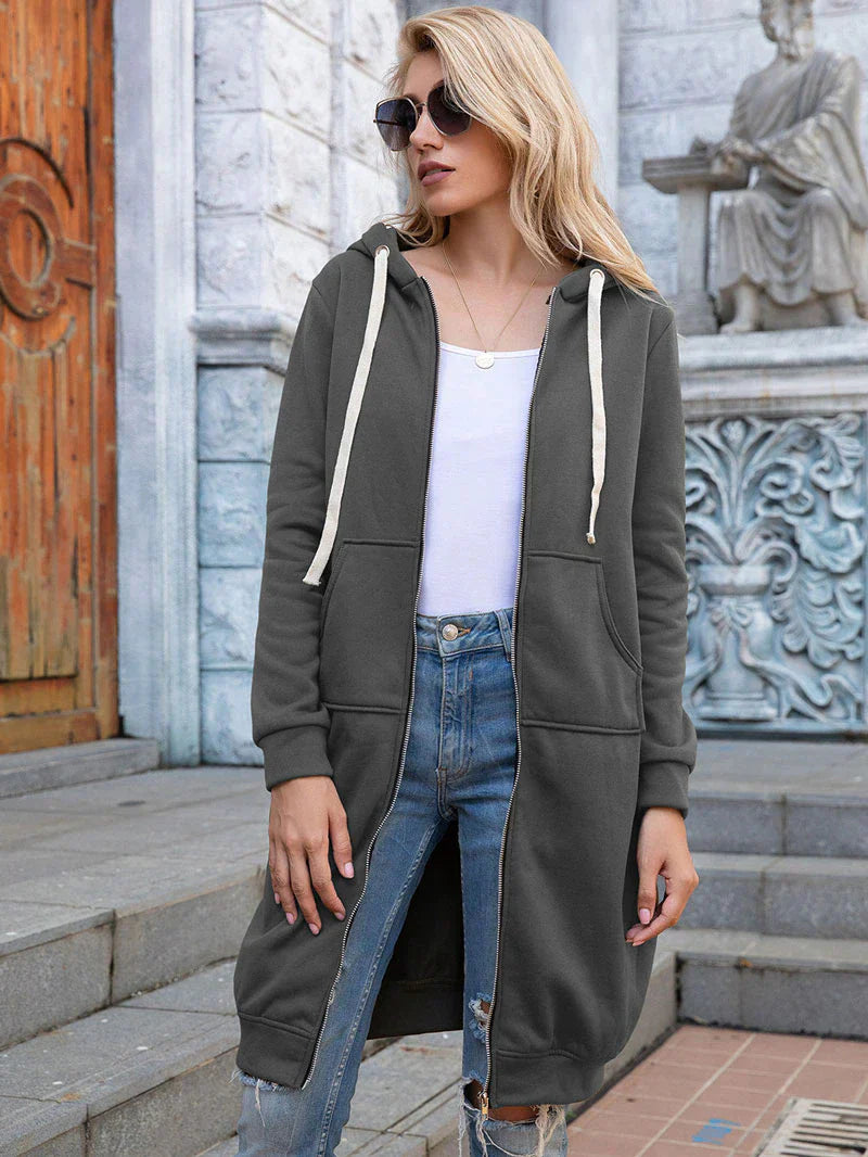 Warm Relaxed Women Longline Zip Hoodie - Cotton Blend