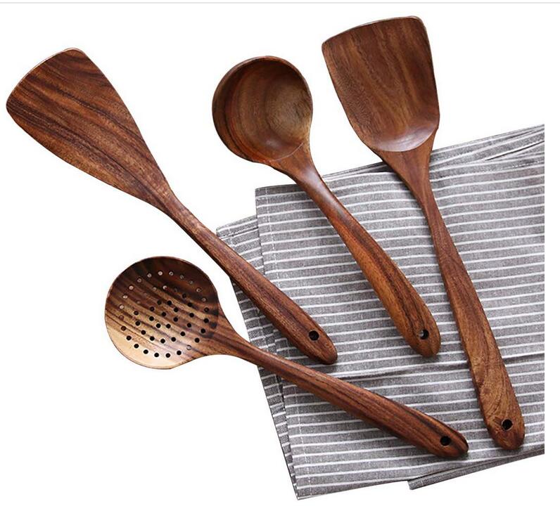 4pcs Teak Wooden Utensil Set – Premium Non-Scratch Kitchen Tools, Handcrafted Teak for Long-Lasting Durability