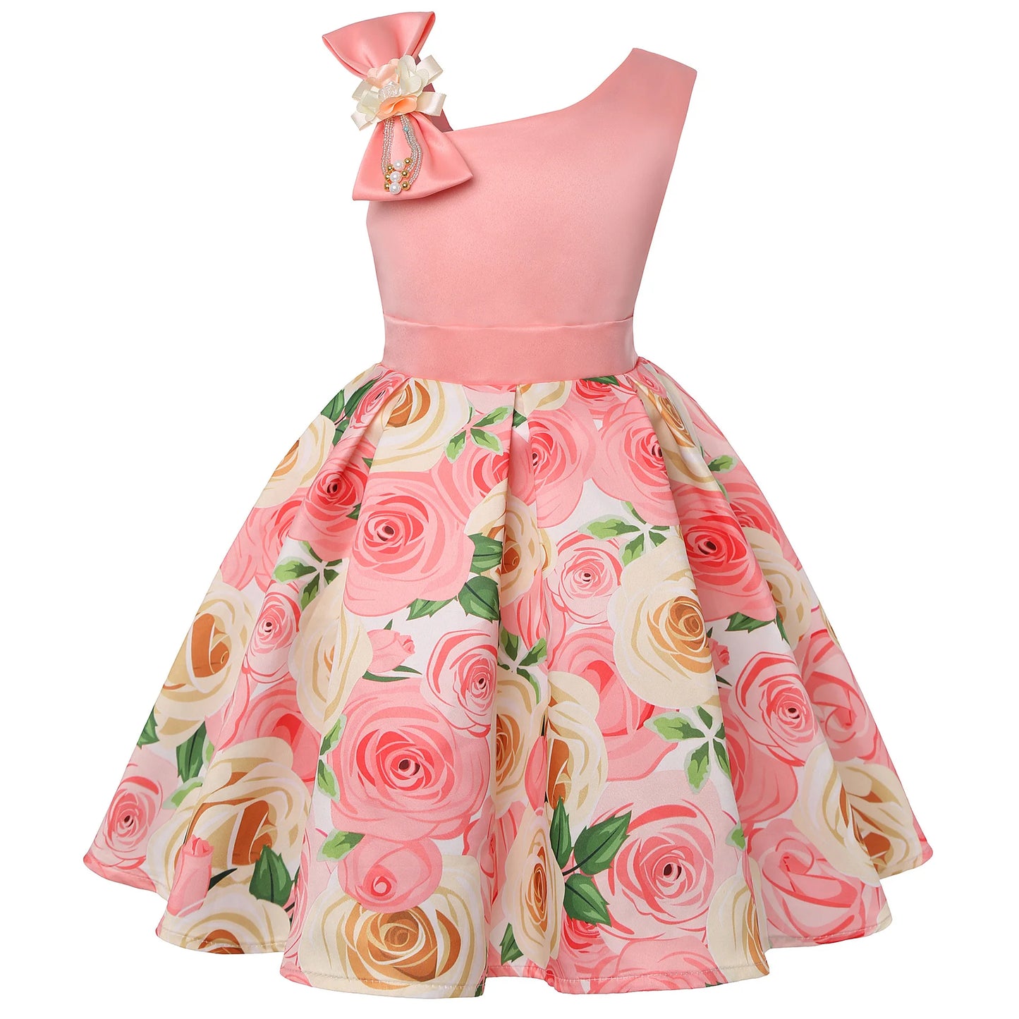 Soft girls' dress - one-shoulder knee-length floral, polyester, for party or wedding