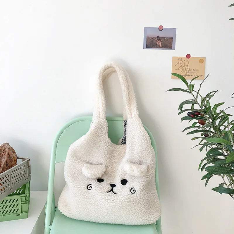 Tragetasche Weiches Plüsch Cartoon Stickerei Schultertasche Winter 2025 Gemütlicher Kunstlammfell Shopper Geschenk