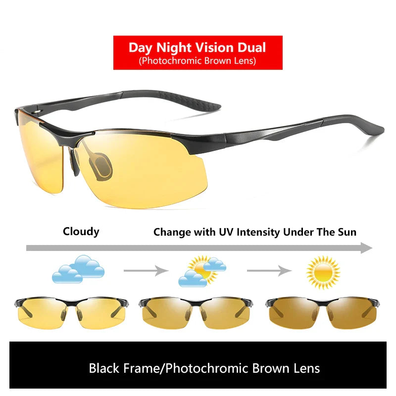Solbriller fotokromatiske polariserte UV400 kantløse kjørebriller, dag- og nattsyn, lett ramme VT2173