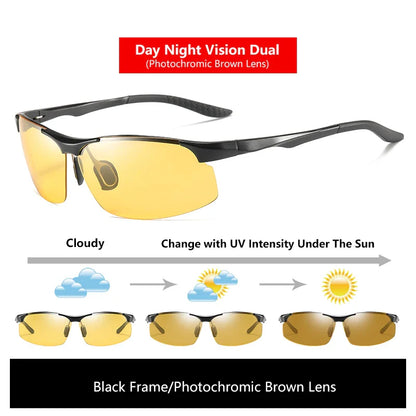Solbriller fotokromatiske polariserte UV400 kantløse kjørebriller, dag- og nattsyn, lett ramme VT2173