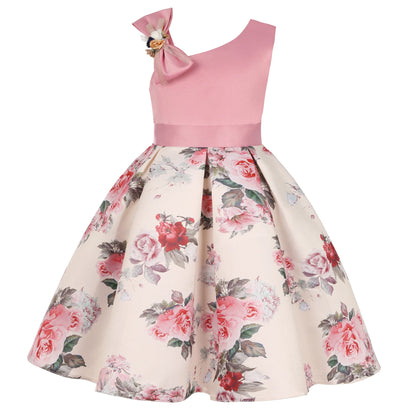 Soft girls' dress - one-shoulder knee-length floral, polyester, for party or wedding