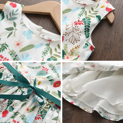Leichtes und schmeichelhaftes Mädchenkleid – Floraler Schmetterlingsdruck, knielang, ärmellos, Taillengürtel, Freizeitkleidung