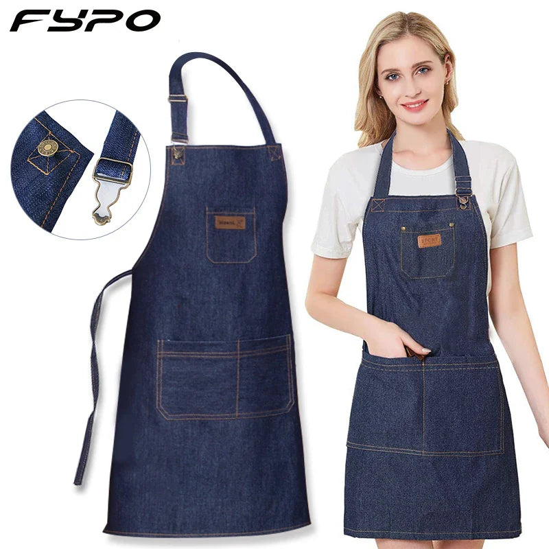 Denim Apron Adjustable Neck Bib Apron Durable Barista Kitchen Apron Fall 2025 Hygienic Workwear With Pockets