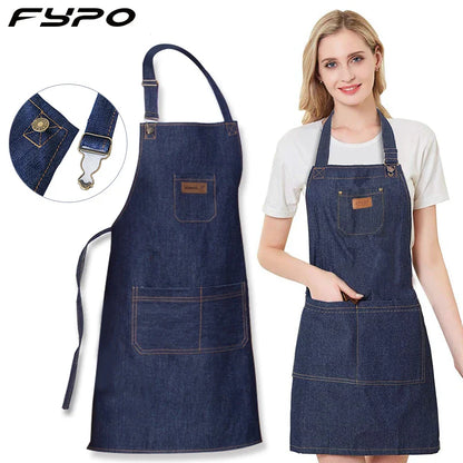 Denim Apron Adjustable Neck Bib Apron Durable Barista Kitchen Apron Fall 2025 Hygienic Workwear With Pockets