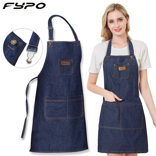 Grembiule in denim Grembiule con bavero e collo regolabile Grembiule resistente per barista da cucina Autunno 2025 Abbigliamento da lavoro igienico con tasche