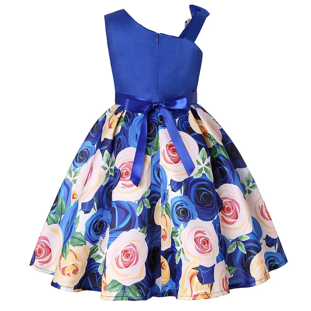 Soft girls' dress - one-shoulder knee-length floral, polyester, for party or wedding