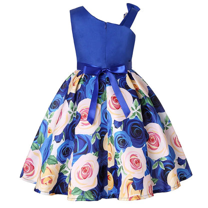 Soft girls' dress - one-shoulder knee-length floral, polyester, for party or wedding