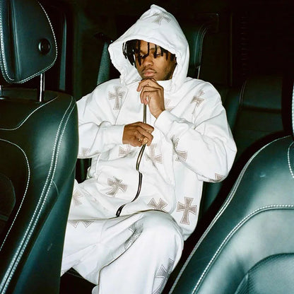 Overdimensjonert herre hettejakke med glidelås - Rhinestone skjelett, bomull