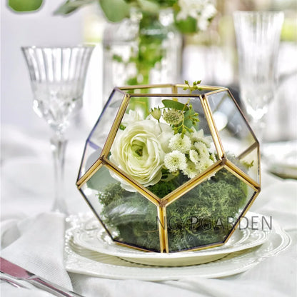 Glass Terrarium Gold Geometric Planter Modern Desktop Plant Display Fall 2025, Succulent Bonsai Gift