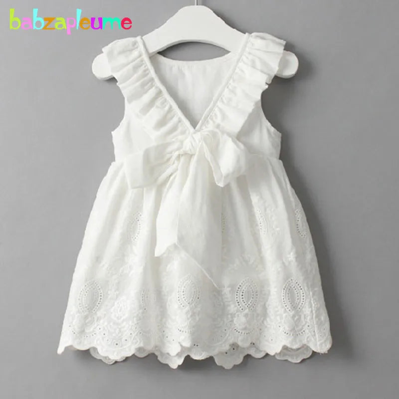 Blød pigekjole - A-formet, ærmeløs, sløjfedetalje foran, bomuld-polyester, afslappet sommerbrug