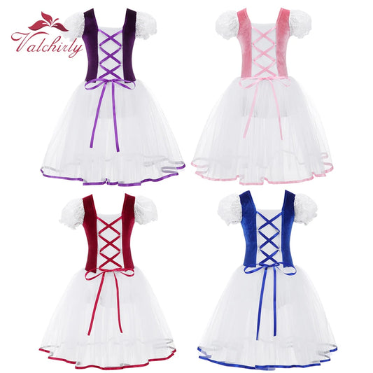 Breathable girls' ballet tutu dress – velvet bodice, tulle skirt, short puff sleeves, for dance class