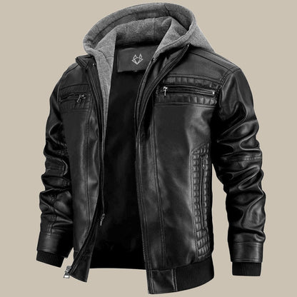 Warm Mens Leather Hooded Jacket - Bomber, Cold Weather