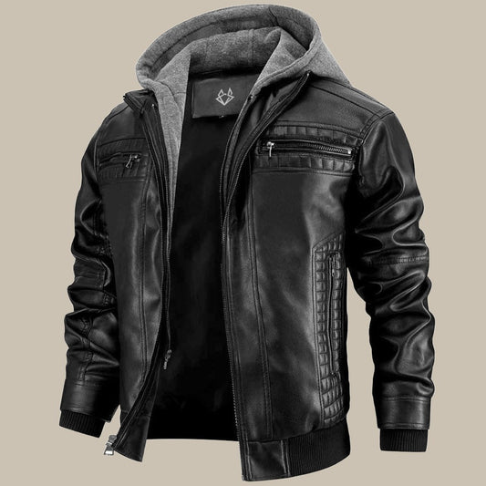 Warm Mens Leather Hooded Jacket - Bomber, Cold Weather