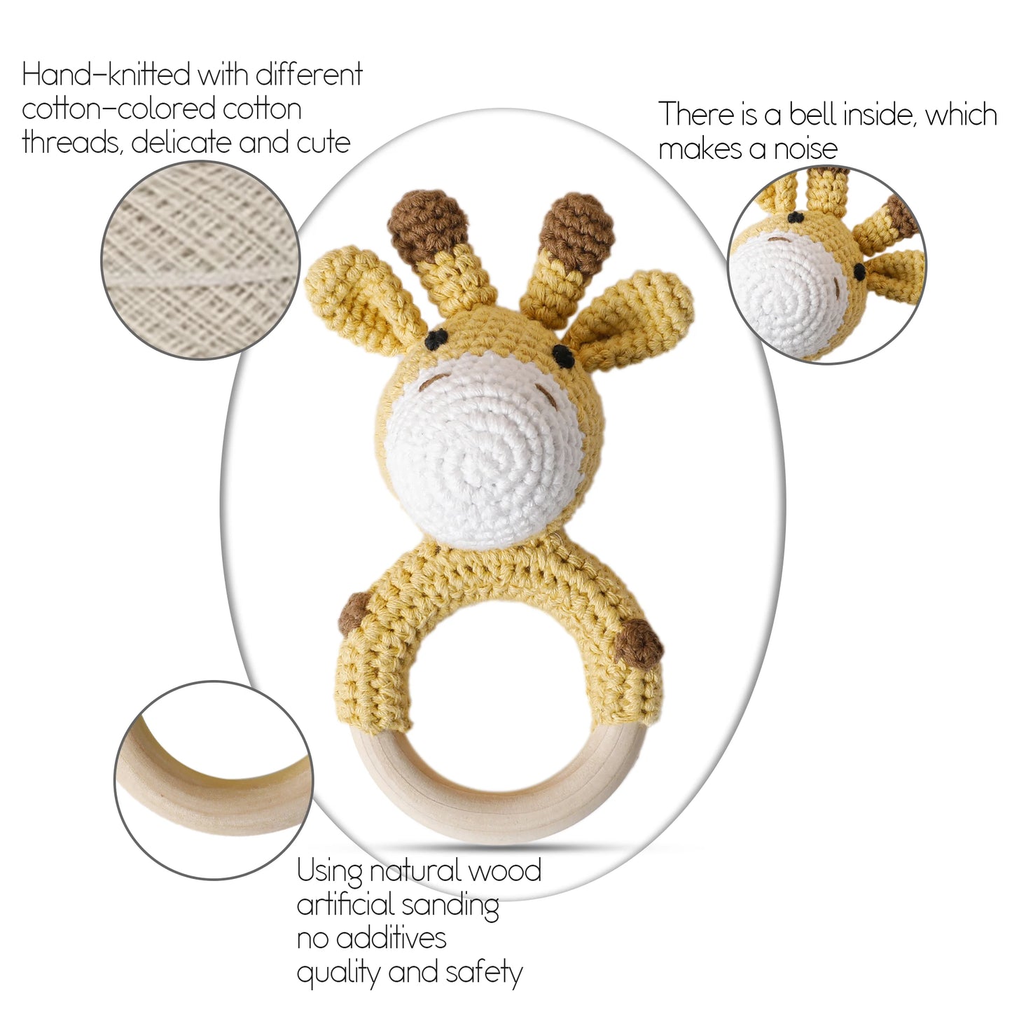Wooden Crochet Animal Teether Rattle Newborn Sensory Toys