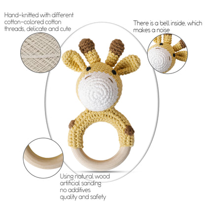 Wooden Crochet Animal Teether Rattle Newborn Sensory Toys
