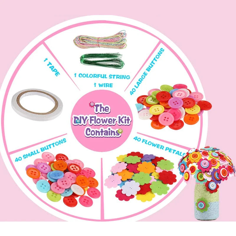 Button & Felt Flower Bouquet Craft Kit - DIY Vase Art Project for Kids, Creative Activity Gift for Boys & Girls