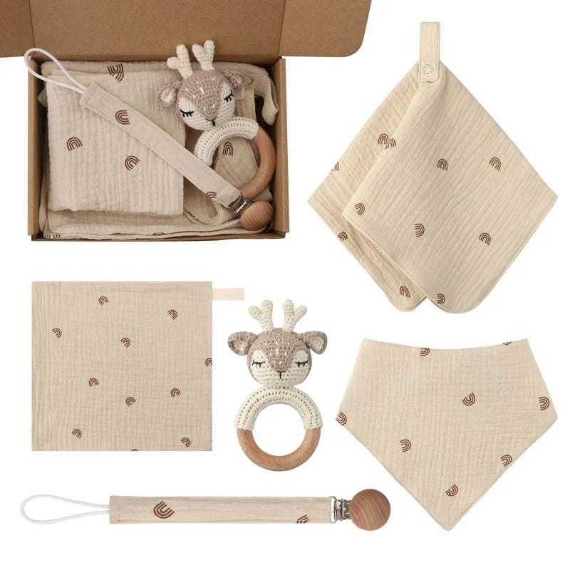 Teething Toy Wooden Ring Rattle Set With Cotton Gauze Mobile Gym Newborn Gift Fall 2025 Soothing