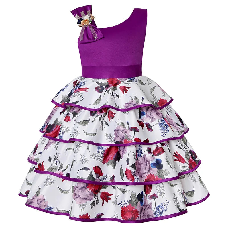 Soft girls' dress - one-shoulder knee-length floral, polyester, for party or wedding