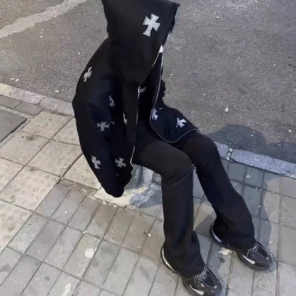 Overdimensjonert herre hettejakke med glidelås - Rhinestone skjelett, bomull