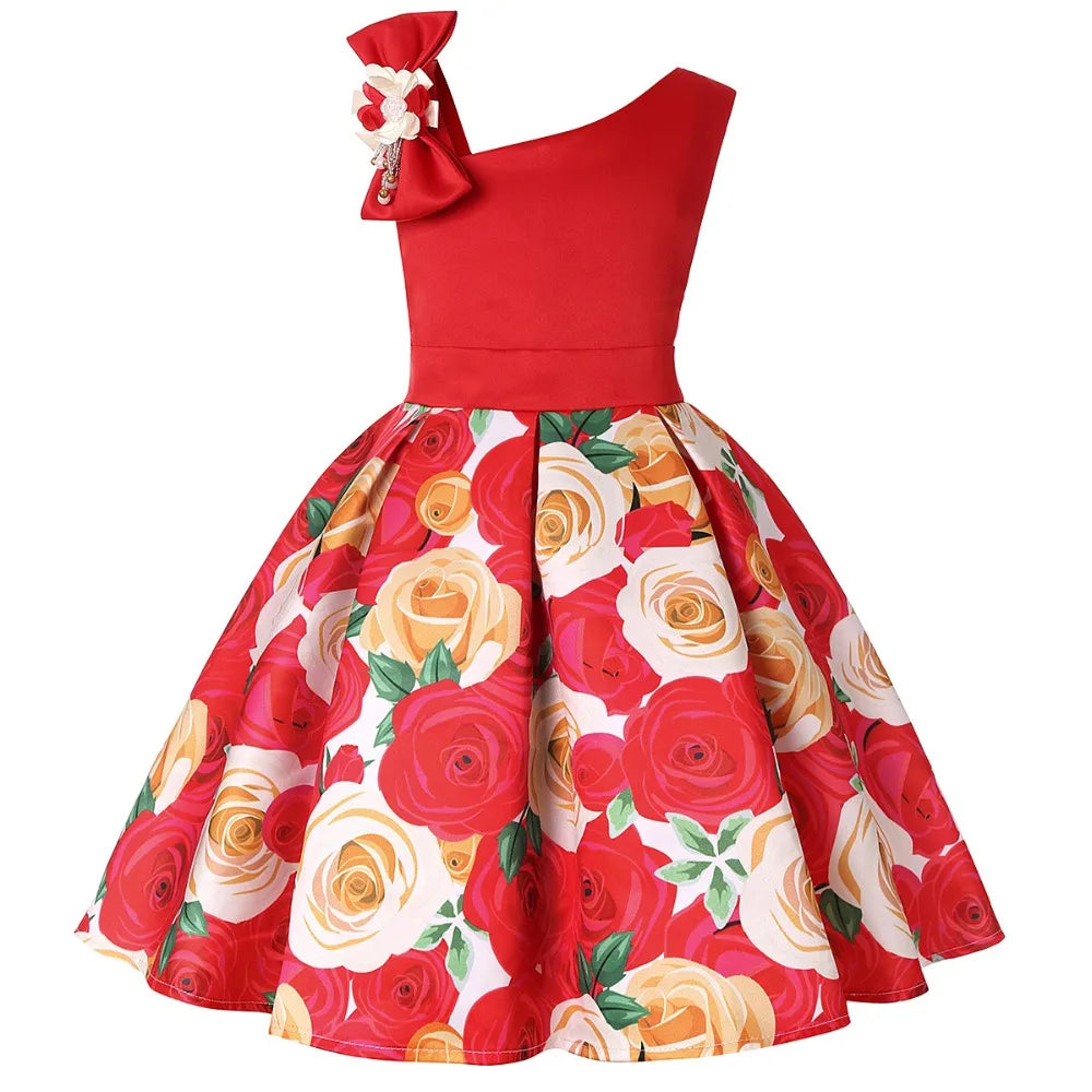 Soft girls' dress - one-shoulder knee-length floral, polyester, for party or wedding