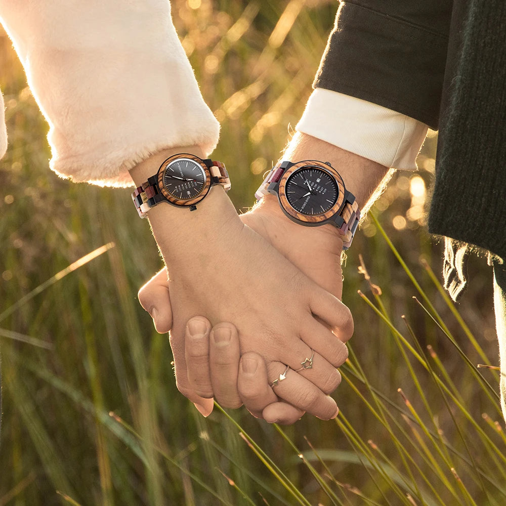 Wooden Couple Watches Handmade Quartz Date Unisex Display