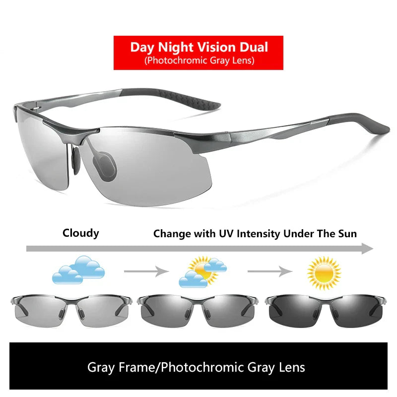 Solbriller fotokromatiske polariserte UV400 kantløse kjørebriller, dag- og nattsyn, lett ramme VT2173