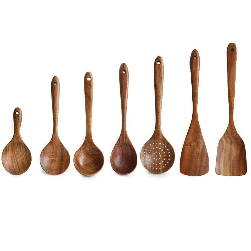 7pcs Teak Wooden Utensil Set – Premium Non-Scratch Kitchen Tools, Handcrafted Teak for Long-Lasting Durability