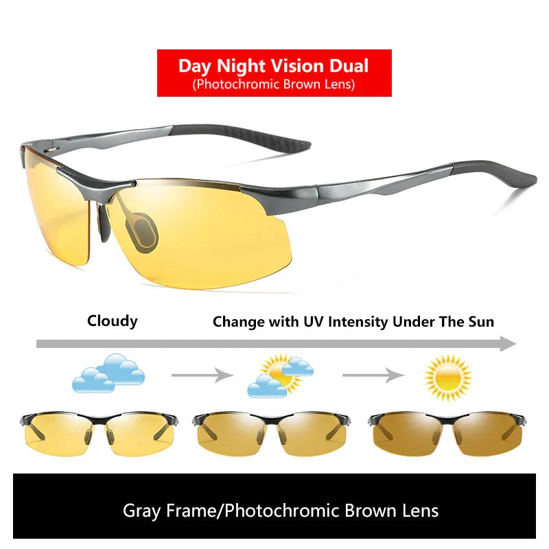 Solbriller fotokromatiske polariserte UV400 kantløse kjørebriller, dag- og nattsyn, lett ramme VT2173