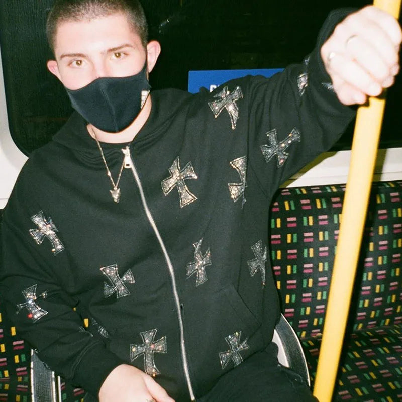 Overdimensjonert herre hettejakke med glidelås - Rhinestone skjelett, bomull