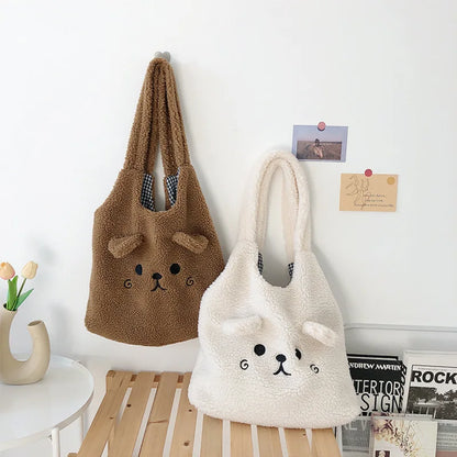 Tragetasche Weiches Plüsch Cartoon Stickerei Schultertasche Winter 2025 Gemütlicher Kunstlammfell Shopper Geschenk