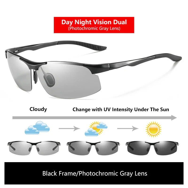 Solbriller fotokromatiske polariserte UV400 kantløse kjørebriller, dag- og nattsyn, lett ramme VT2173