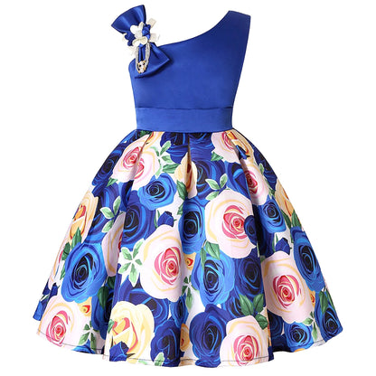 Soft girls' dress - one-shoulder knee-length floral, polyester, for party or wedding