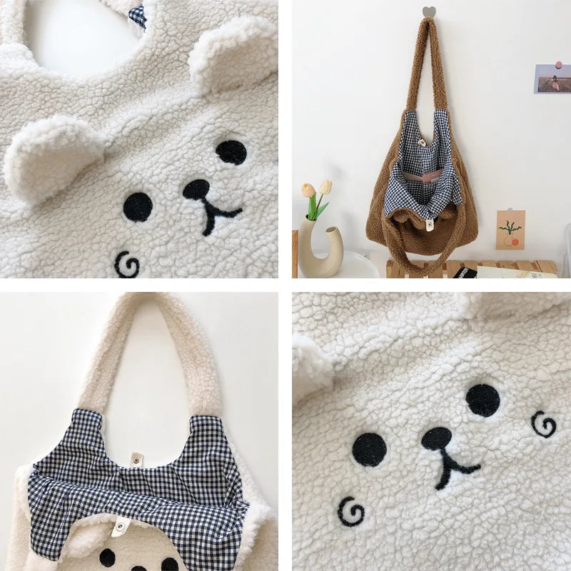 Tragetasche Weiches Plüsch Cartoon Stickerei Schultertasche Winter 2025 Gemütlicher Kunstlammfell Shopper Geschenk