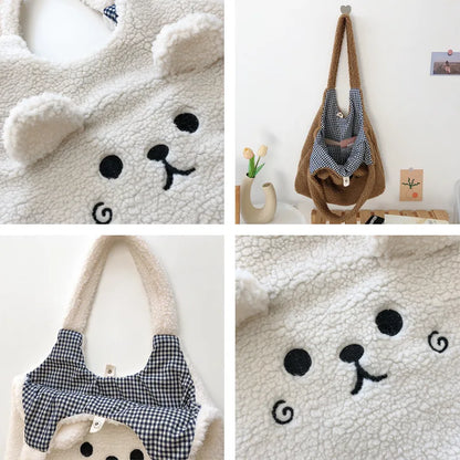 Tragetasche Weiches Plüsch Cartoon Stickerei Schultertasche Winter 2025 Gemütlicher Kunstlammfell Shopper Geschenk