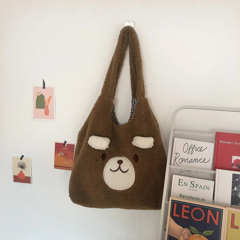 Tragetasche Weiches Plüsch Cartoon Stickerei Schultertasche Winter 2025 Gemütlicher Kunstlammfell Shopper Geschenk