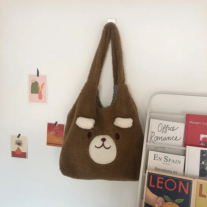 Tragetasche Weiches Plüsch Cartoon Stickerei Schultertasche Winter 2025 Gemütlicher Kunstlammfell Shopper Geschenk