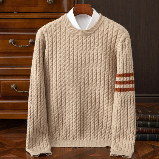 Warm Men's Cable Knit Sweater - Crewneck, Wool Blend, Casual