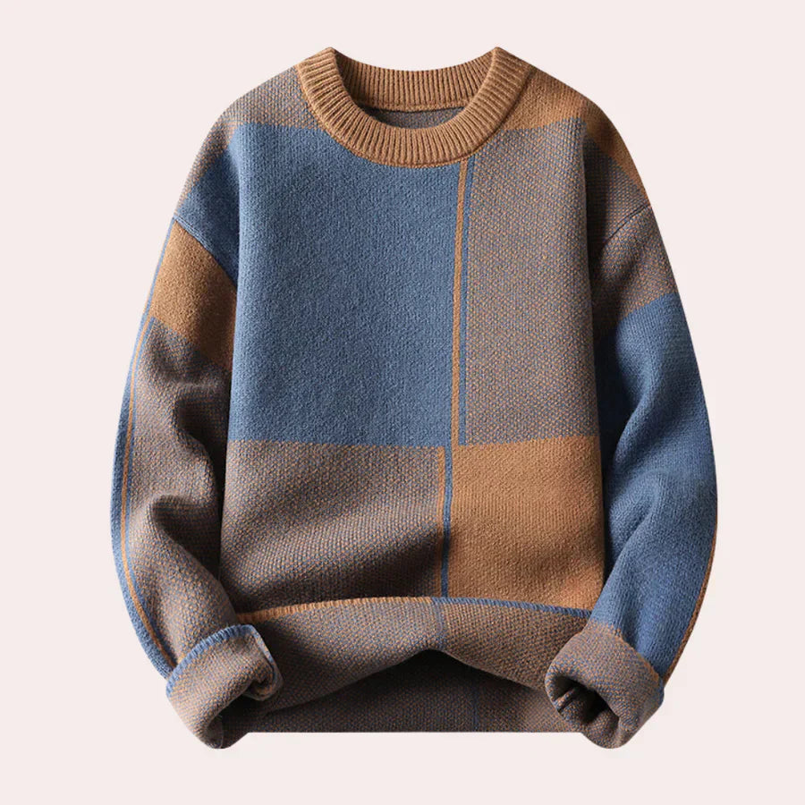Warm Men’s Sweater - Oversized Check Crewneck, Cotton